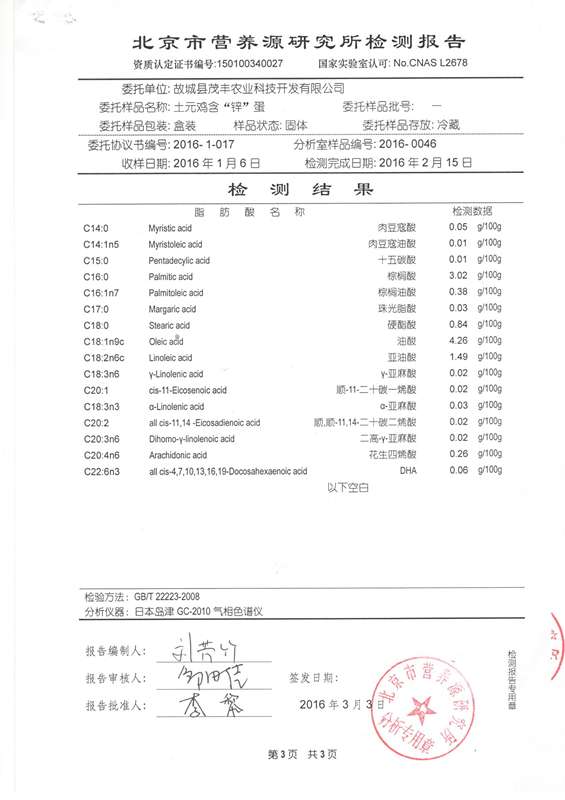 土元鸡含“锌”蛋检测报告