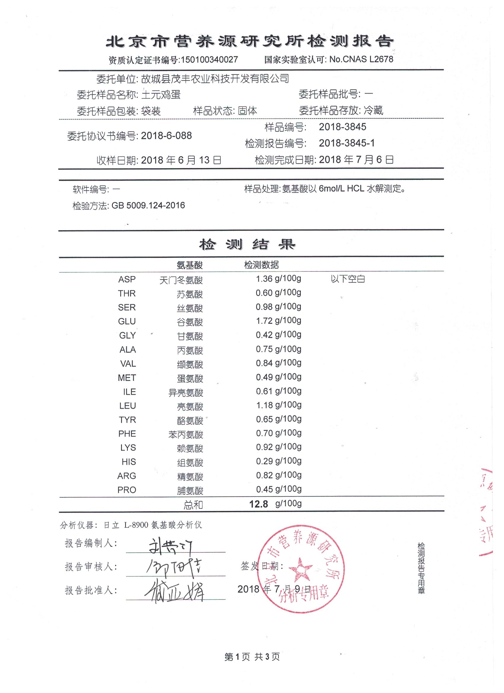 2018年土元鸡蛋有机检测报告